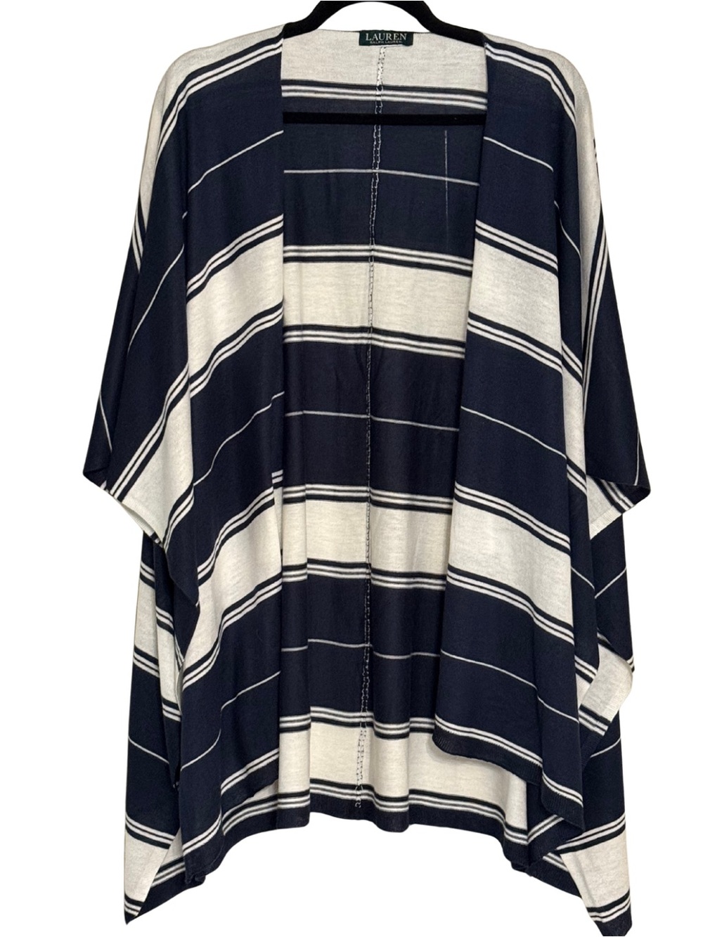 Lauren Ralph Lauren Navy White Striped Open Front Poncho Cape One Size